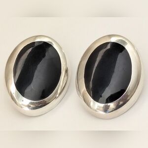 Large Vintage Mid-Century Sterling Silver 925 Onyx Inlay Clip Earrings
